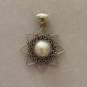 925 Sterling Silver White Pearl Mandala Flower Boho Necklace Pendant Charm
